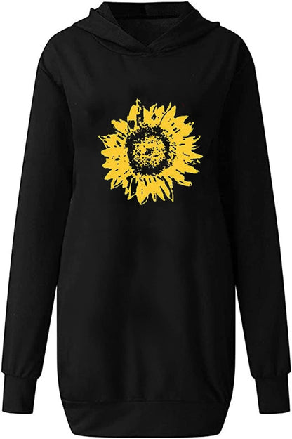 Chic Women's Long Sleeve Hooded Pullover Dress with Pockets - Stylish Black Tunic Sweatshirt