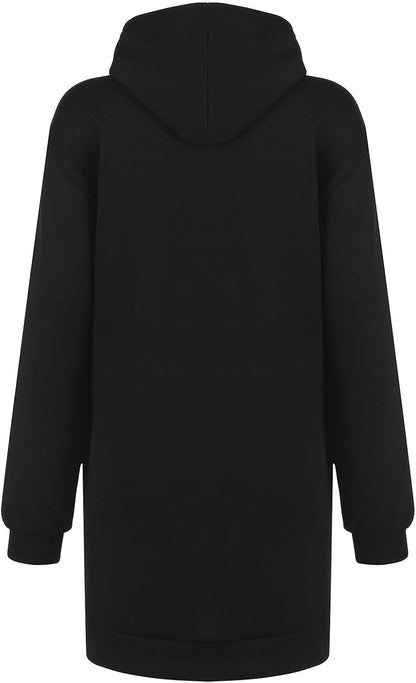 Chic Women's Long Sleeve Hooded Pullover Dress with Pockets - Stylish Black Tunic Sweatshirt