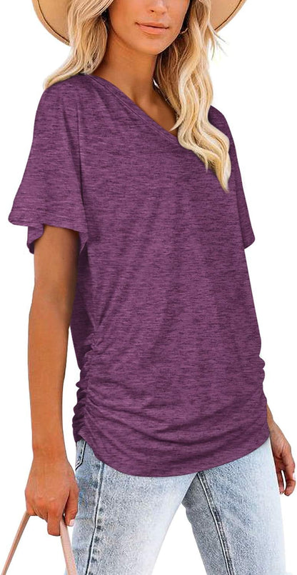 Effortlessly Chic  Women's V Neck Dolman Tops with Side Shirring - Perfect Loose Fit Shirts for All Occasions