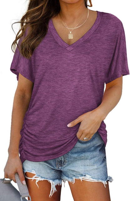 Effortlessly Chic  Women's V Neck Dolman Tops with Side Shirring - Perfect Loose Fit Shirts for All Occasions
