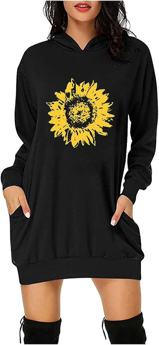 Chic Women's Long Sleeve Hooded Pullover Dress with Pockets - Stylish Black Tunic Sweatshirt